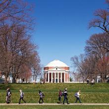 Students walking in front of Rotunda